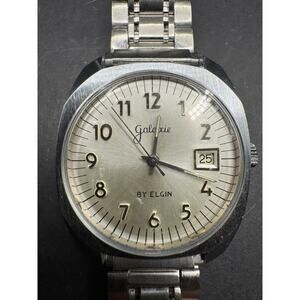 Galaxie by Elgin Men's Classic Mechanical Silver Tone Date Wristwatch Working
